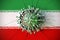 Virus breaks wall with flag of Iran. Coronavirus outbreak related conceptual 3D rendering