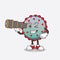 Virus cartoon mascot character using a monocular