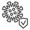 Virus cell with check mark line icon, covid-19 concept, Approved protection shield and microbe sign on white background