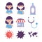 Virus covid 19 prevention girl mask coughing, wash hands, market stethoscope, world map icons