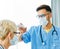 virus nurse doctor thermometer digital temperature medical senior woman medicine disease care fever flu mask corona