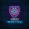 Virus protection glowing neon sign. Internet cyber security symbol with shield, globe and hacker bug