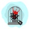 The virus in the royal crown sits in a birdcage with a large padlock on a clean background