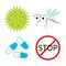 Virus Zika icon set. Mosquito. Cute cartoon insect character. Stop red sign Pill Flat design. Isolated. White background.