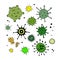 Viruses and bacteria doodle set. Simple colored green icons isolated on white. Microbiology vector bacterial cells