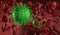 Viruses in blood. Green virus float between red blood cell.