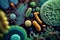 Viruses, germs and bacteria, types of microorganisms under microscopic magnification. Macro.Generative AI illustration.
