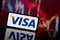 Visa company shares go down at stock market. Visa company financial crisis and failure. Economy collapse