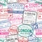 Visa stamps vector seamless pattern. Austria, Glasgow, London, Brasil, Sydney colorful stamps backdrop. Visited