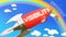 Visibility lead to achieving success in business and life. Cartoon rocket labeled with text Visibility, flying high in the blue