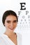 Vision. Beautiful Woman With Visual Eye Test Chart On Background