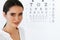 Vision. Beautiful Woman With Visual Eye Test Chart On Background
