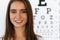 Vision. Beautiful Woman With Visual Eye Test Chart On Background