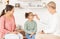 Vision glasses, mother and child with optometrist for eye care consultation, prescription eyeglasses or eyesight test