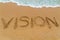 VISION inscription written on sandy beach with wave approaching