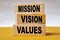 Vision Mission Values, quote text written on wooden block, business motivation inspiration