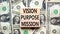 Vision purpose mission symbol. Concept word Vision Purpose Mission on beautiful block. Dollar bills. Beautiful dollar bills