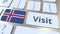 VISIT text and flag of Iceland on the buttons on the computer keyboard. Conceptual 3D animation