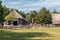 Visitors at Dutch sheepfold near heathland of Dutch Veluwe