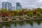 Visitors enjoying autumn season colours at Osaka Castle Park in Osaka, Japan