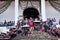 Visitors at the entrance of Saint James the Apostle church watching the event for good Friday in Semana Santa, Easter, Santiago