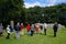 Visitors listen to a guide at Balnuaran of Clava, east of Inverness in the Highlands of Scotland