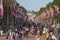 Visitors walking outside Buckingham palace during vacation