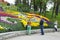Visitors walking at the park and looking at bright tulips planted on a lawn