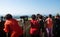 Visitors watching with binoculars to North Korean village Propaganda village and Kaesong in the Dora Observatory, DMZ, South Korea