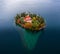 Visovac, Croatia - Aerial view of the beautiful island Visovac Christian monastery in Krka National Park on bright autumn morning