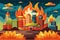 Visual of a city burning in flames against a backdrop of the sky, City on fire Customizable Cartoon Illustration