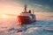 A visual depiction of a red and white boat calmly resting on top of a frozen ice surface, Icebreaker ship making its way through