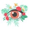 Visual health care, ophthalmology, human eye with rose flowers branch and green plants