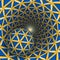 Visual illusion illustration. A ball is moving on rotating yellow funnel with blue triangles