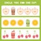 Visual logic puzzle Circle the odd one out. Kawaii colorful apple coffee smoothies orange cherry with pink cheeks and winking eyes