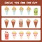 Visual logic puzzle Circle the odd one out. Kawaii colorful coffee kiwi strawberry smoothies, ice cream cone with pink cheeks and
