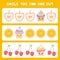 Visual logic puzzle Circle the odd one out. Kawaii colorful cupcake apple orange cherry with pink cheeks and winking eyes, pastel