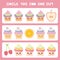 Visual logic puzzle Circle the odd one out. Kawaii colorful cupcake apple orange cherry with pink cheeks and winking eyes, pastel