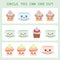 Visual logic puzzle Circle the odd one out. Kawaii colorful cupcake coffee cup with pink cheeks and winking eyes, pastel colors on