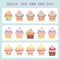 Visual logic puzzle Circle the odd one out. Kawaii colorful cupcake with pink cheeks and winking eyes, pastel colors on white back