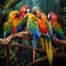 visual representation of a flock of colorful parrots perched on tree branches by AI generated