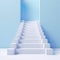 Visual showcases a 3D staircase gracefully ascending towards a serene pastel blue wall background.