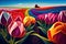 Visualization of paintings by Dutch artists depicting rows of iridescent stripes of multi-colored tulips going into the endless