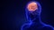 Visualization of parts of the brain, each separately. Orange glow. Transparent x-ray of a silhouette of a man on a blue background