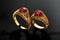 Visualize a captivating image featuring a close-up of a beautiful yellow gold ring adorned with a brilliant ruby, set against a