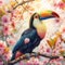 Visualize an enchanting multi-colored toucan perched on a blossoming cherry tree branch in a tranquil garden setting