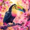 Visualize an enchanting multi-colored toucan perched on a blossoming cherry tree branch in a tranquil garden setting