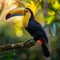 Visualize an enchanting multi-colored toucan perched on a blossoming cherry tree branch in a tranquil garden setting