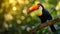 Visualize an enchanting multi-colored toucan perched on a blossoming cherry tree branch in a tranquil garden setting