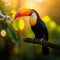 Visualize an enchanting multi-colored toucan perched on a blossoming cherry tree branch in a tranquil garden setting